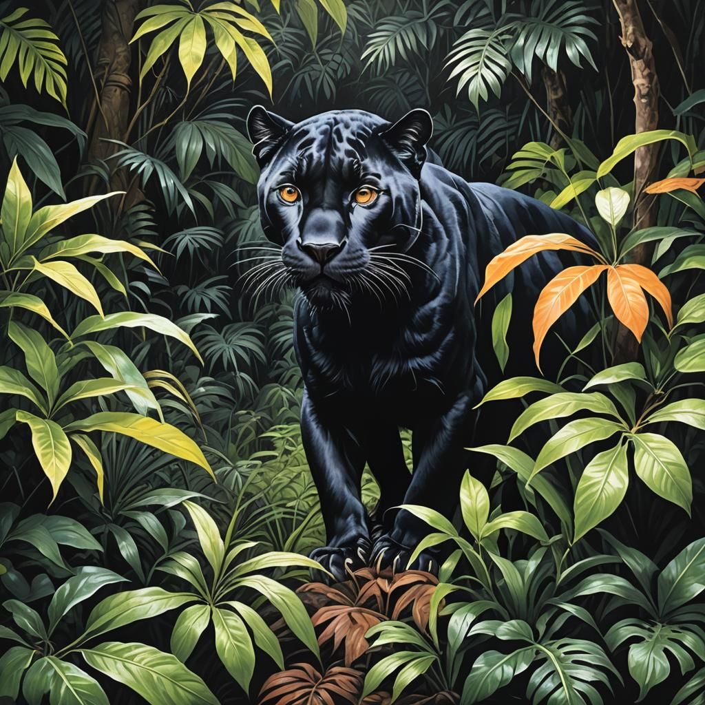 Stealthy Black Panther in Dark Jungle, Gouache Style