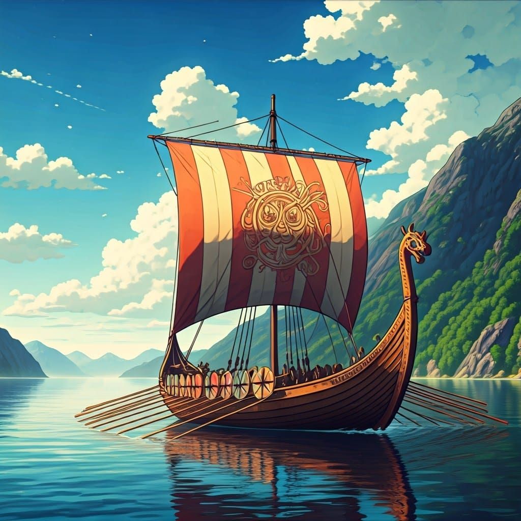 Viking Longships in Anime-Inspired Scandinavian Fjords