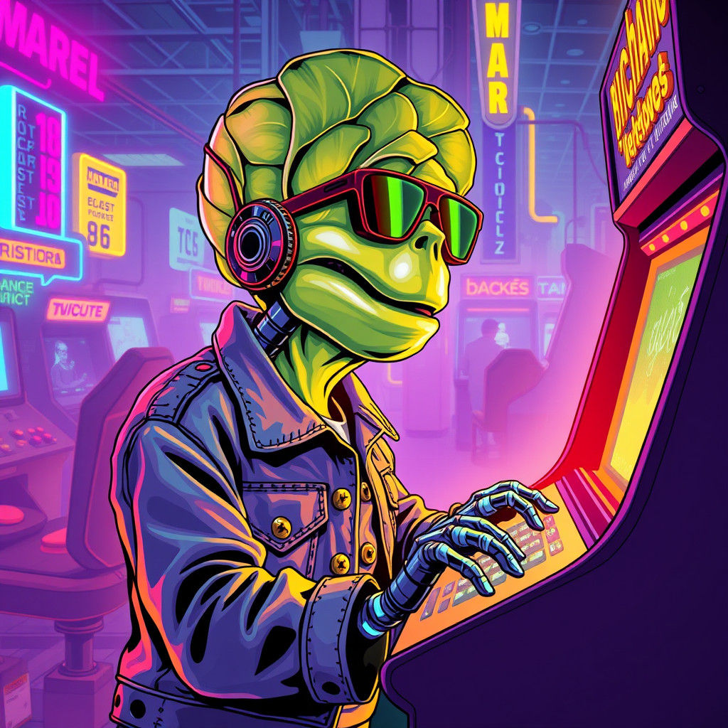 Biopunk Cabbage Plays Arcade Game in Pulp Comic Style