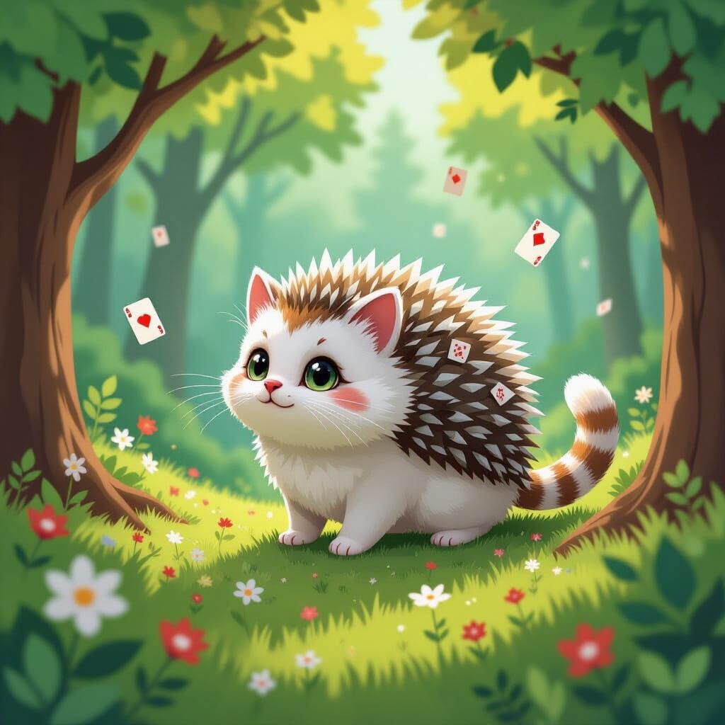 Whimsical Cat-Hedgehog Hybrid in Paper Forest