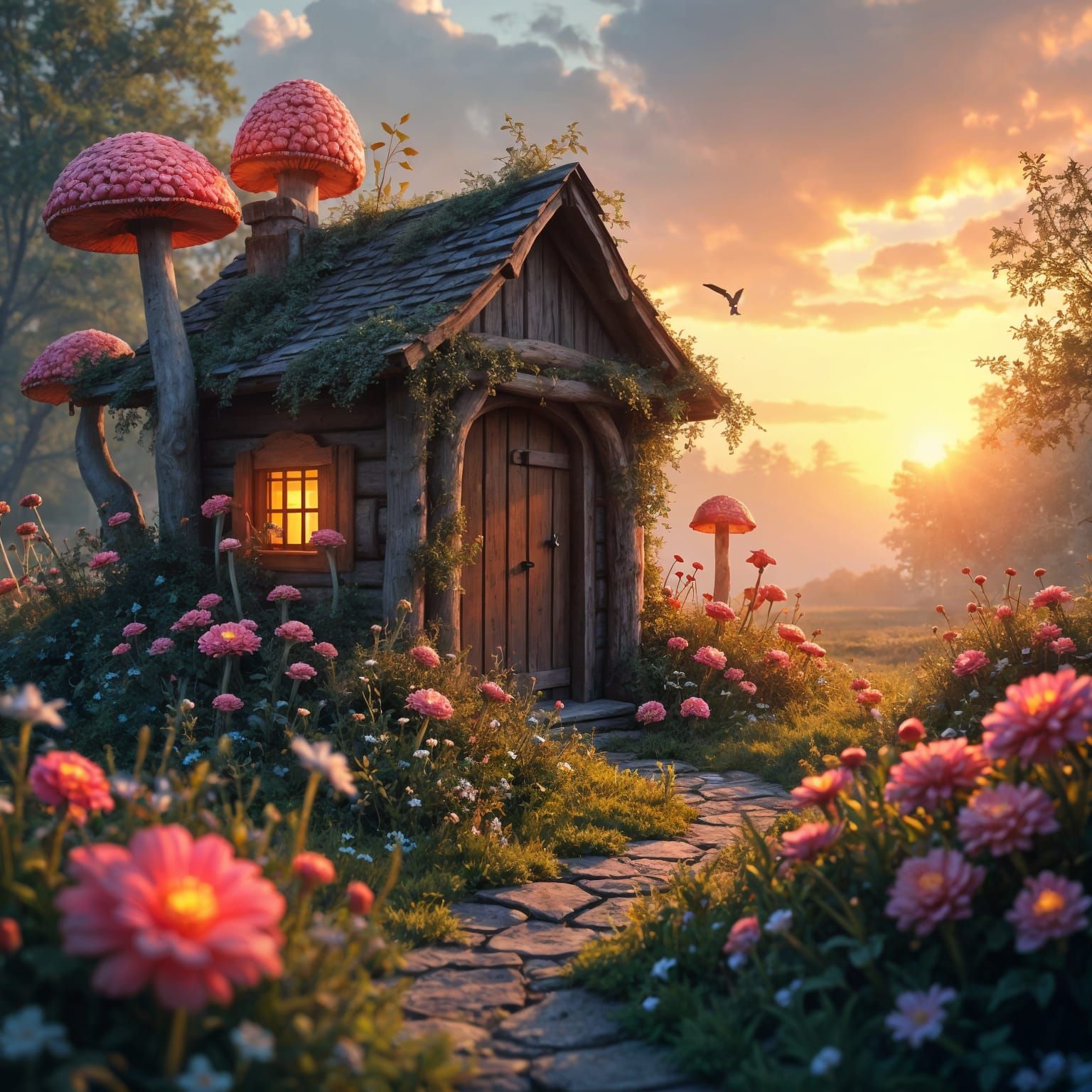 Enchanted Potting Shed in a Glowing Flower Field