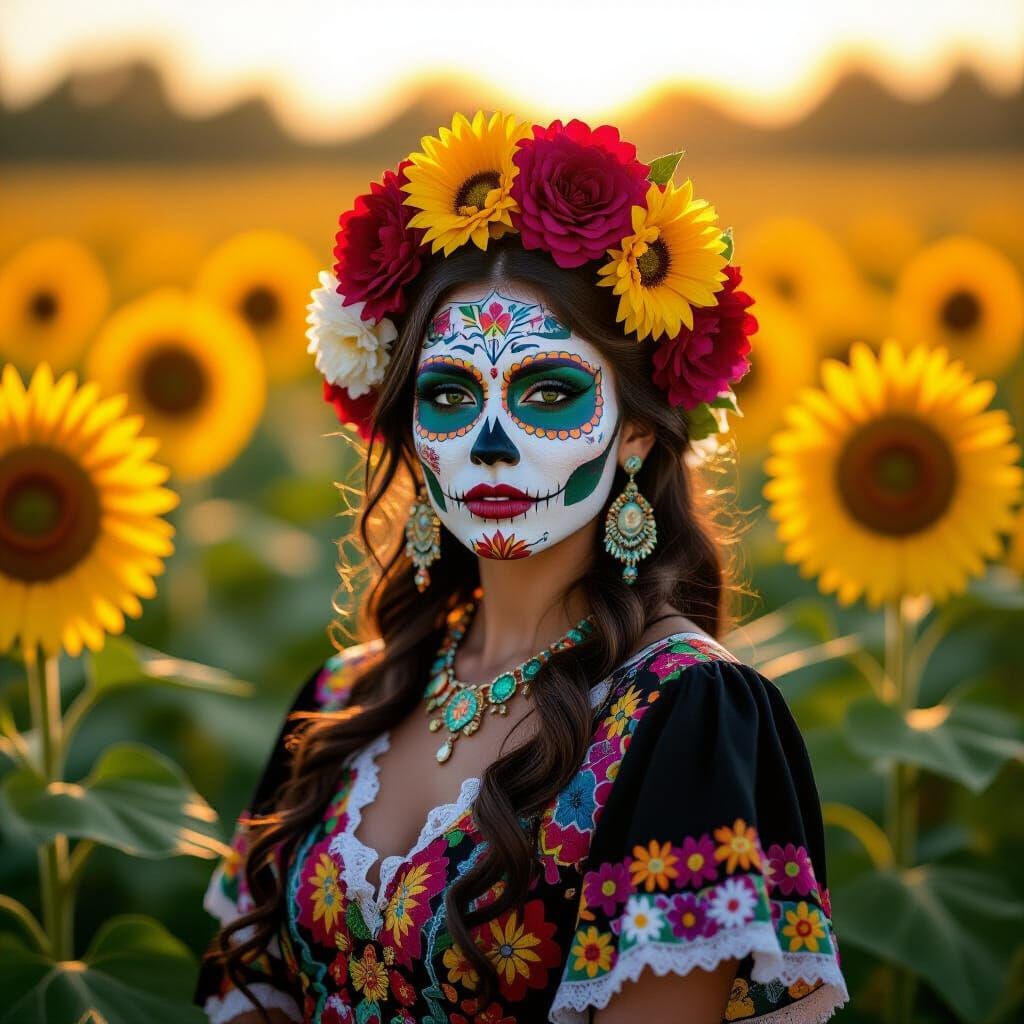 Woman in Día de los Muertos Face Paint in Sunflowers