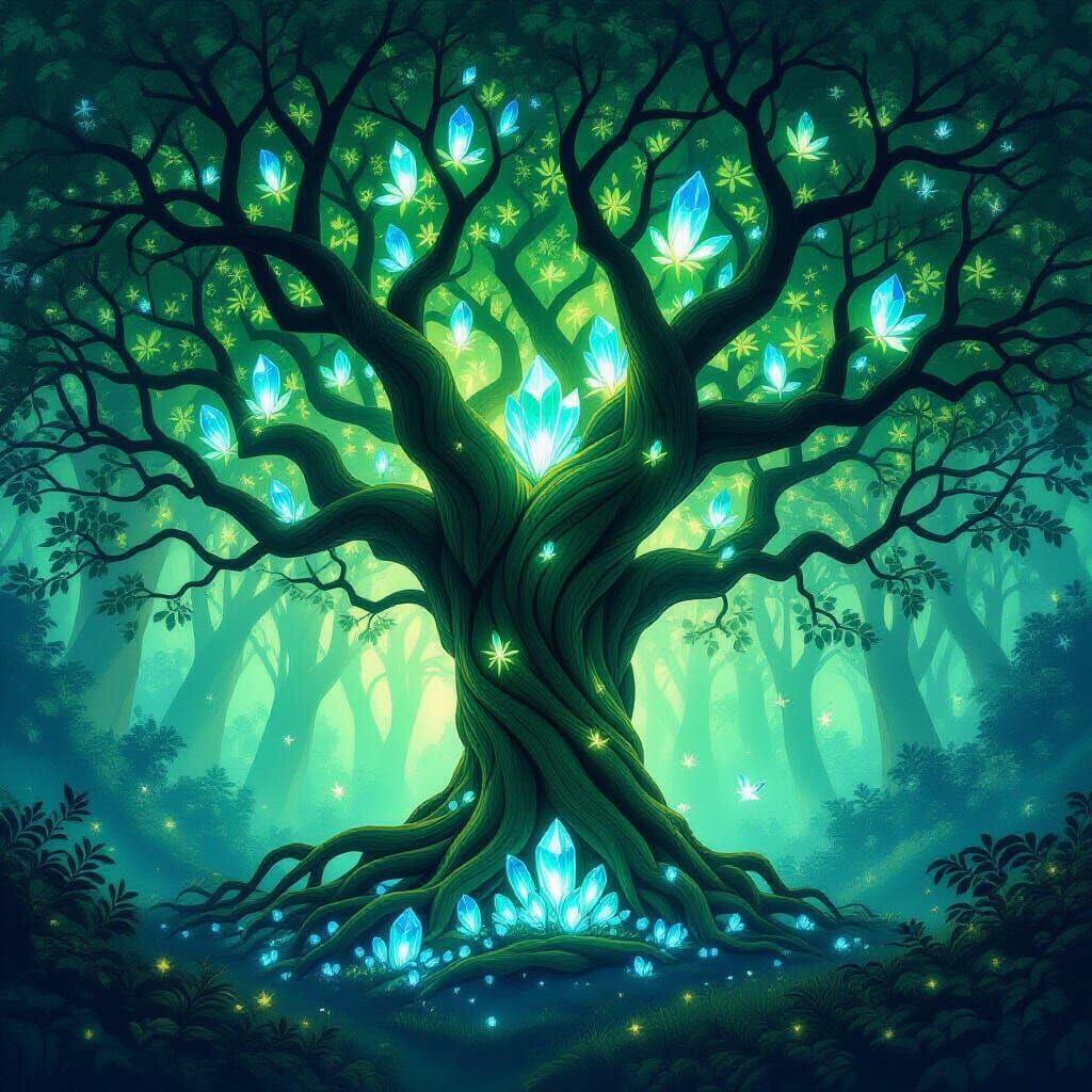 Ancient Bioluminescent Tree With Crystal Roots in Mystical F...