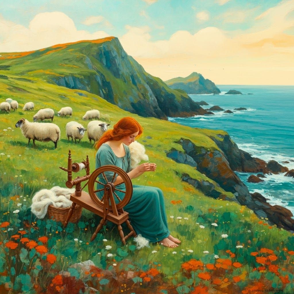 Coastal Spinner with Sheep in Classic Illustration Style