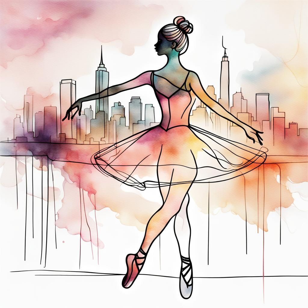 Ballerina Cityscape One-Line Art in Watercolor
