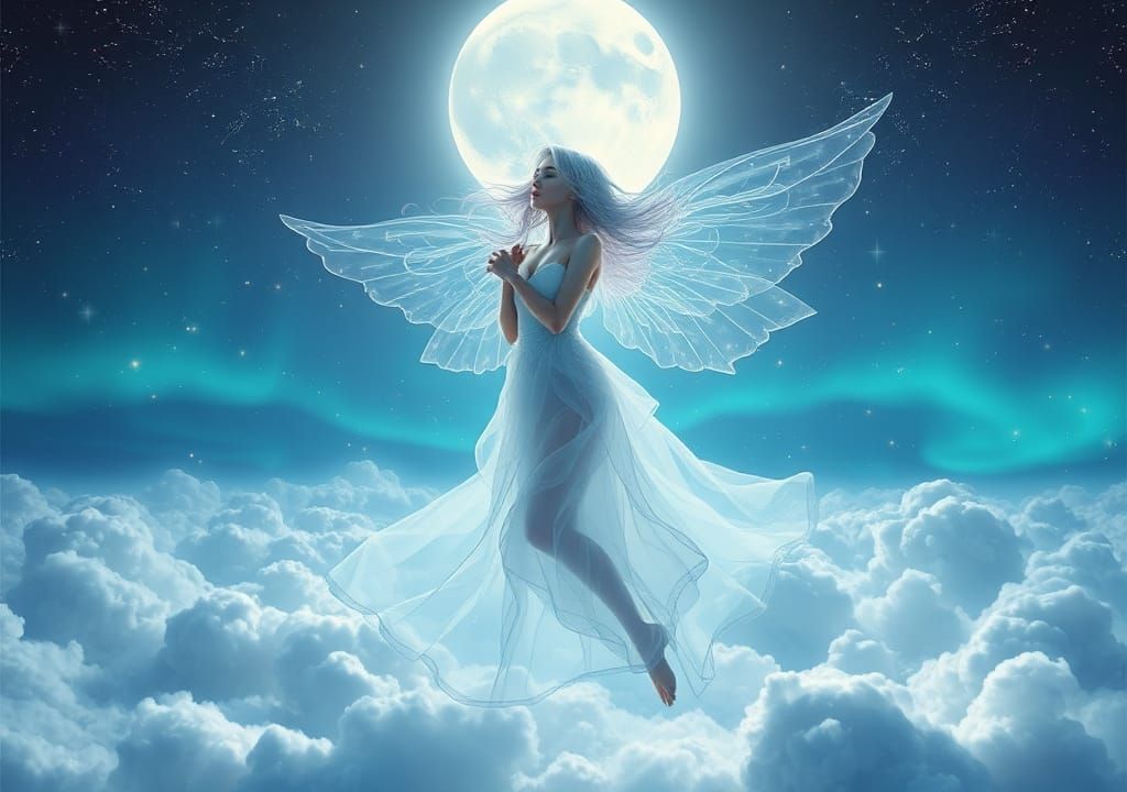 Ethereal Woman in Moonlit Cloudscape, Futuristic Surrealism