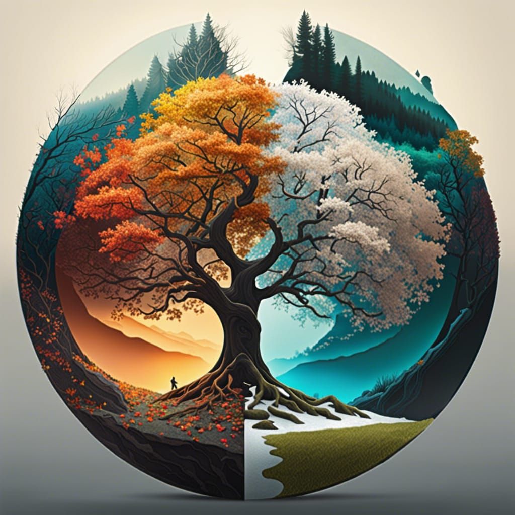 Tree split into four seasons