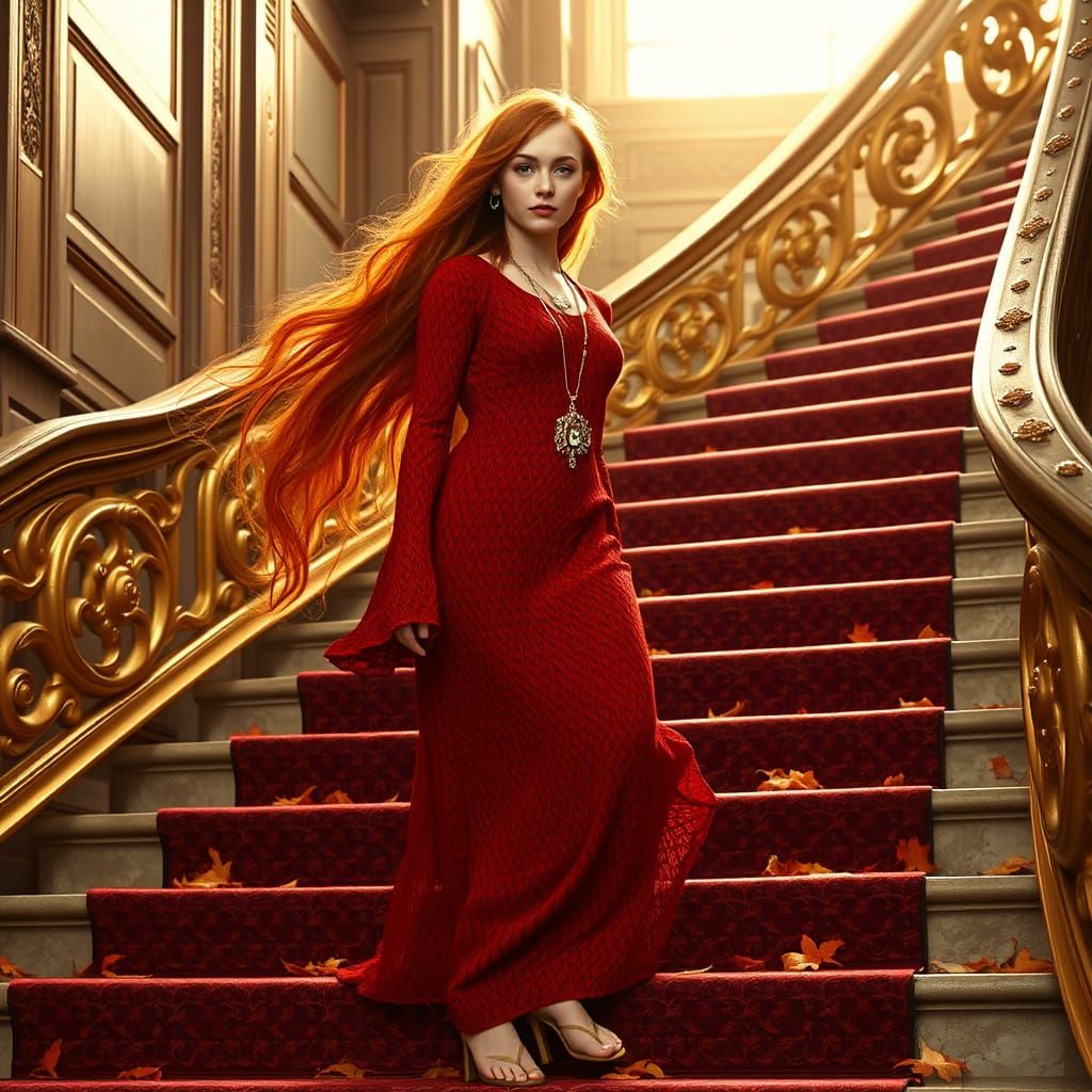 Red-Haired Woman Ascends Staircase in Elegant, Baroque Style