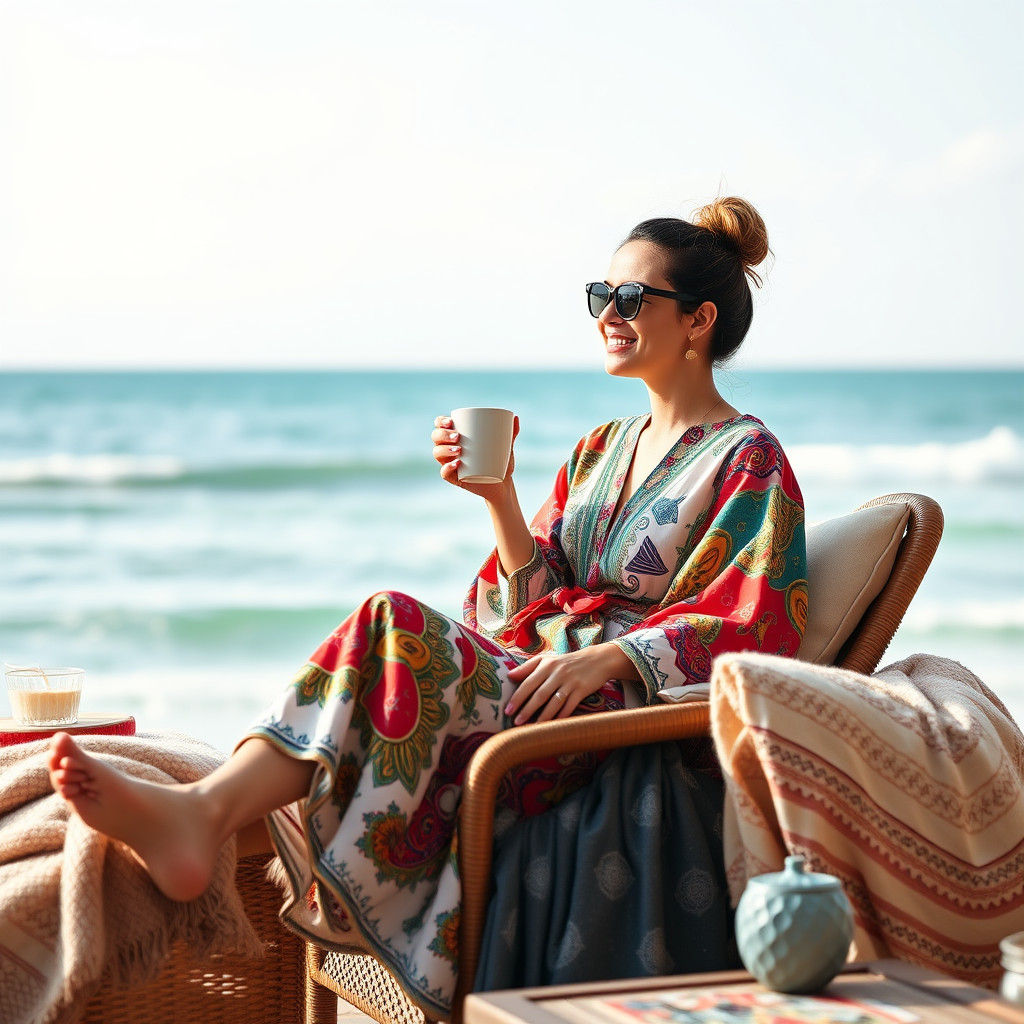 Woman in Colorful Jelaba Relaxing by the Sea