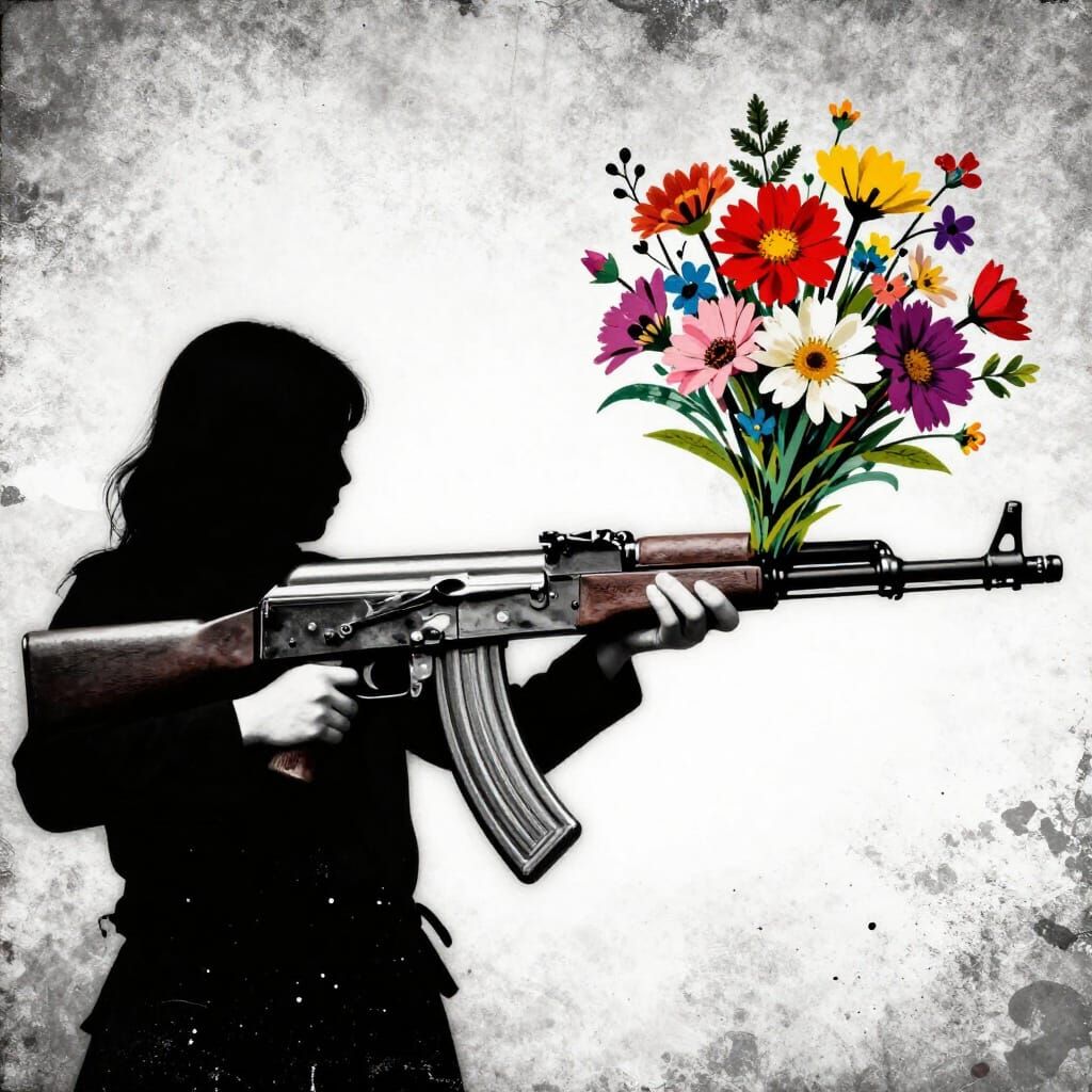 AK-47 Rifle with Flowers in Gritty Collage Style