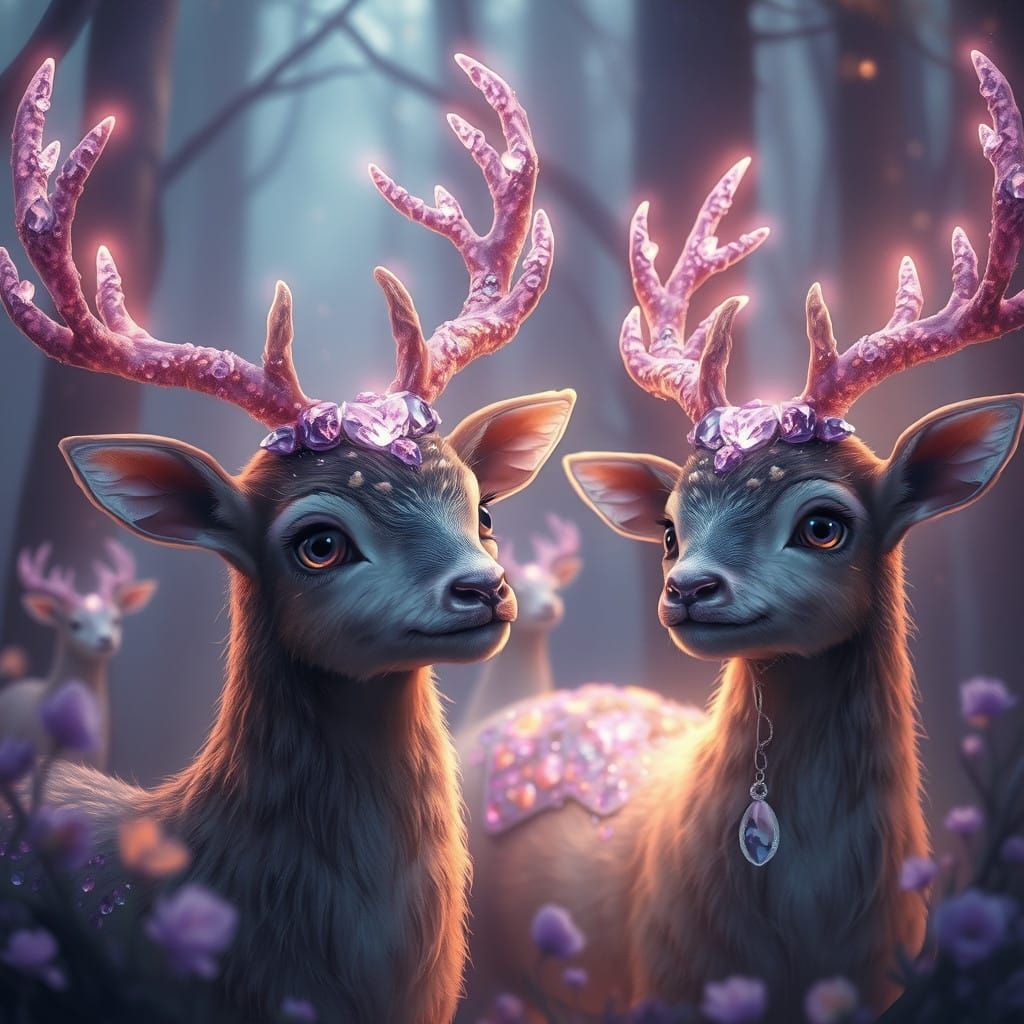 Ethereal Creatures Adorned with Glowing Amethyst Antlers in...