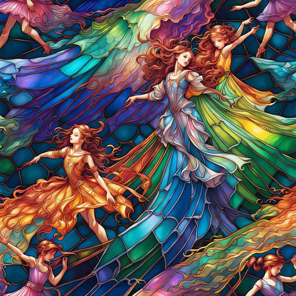 Dancers in Stained Glass Under Rainbow