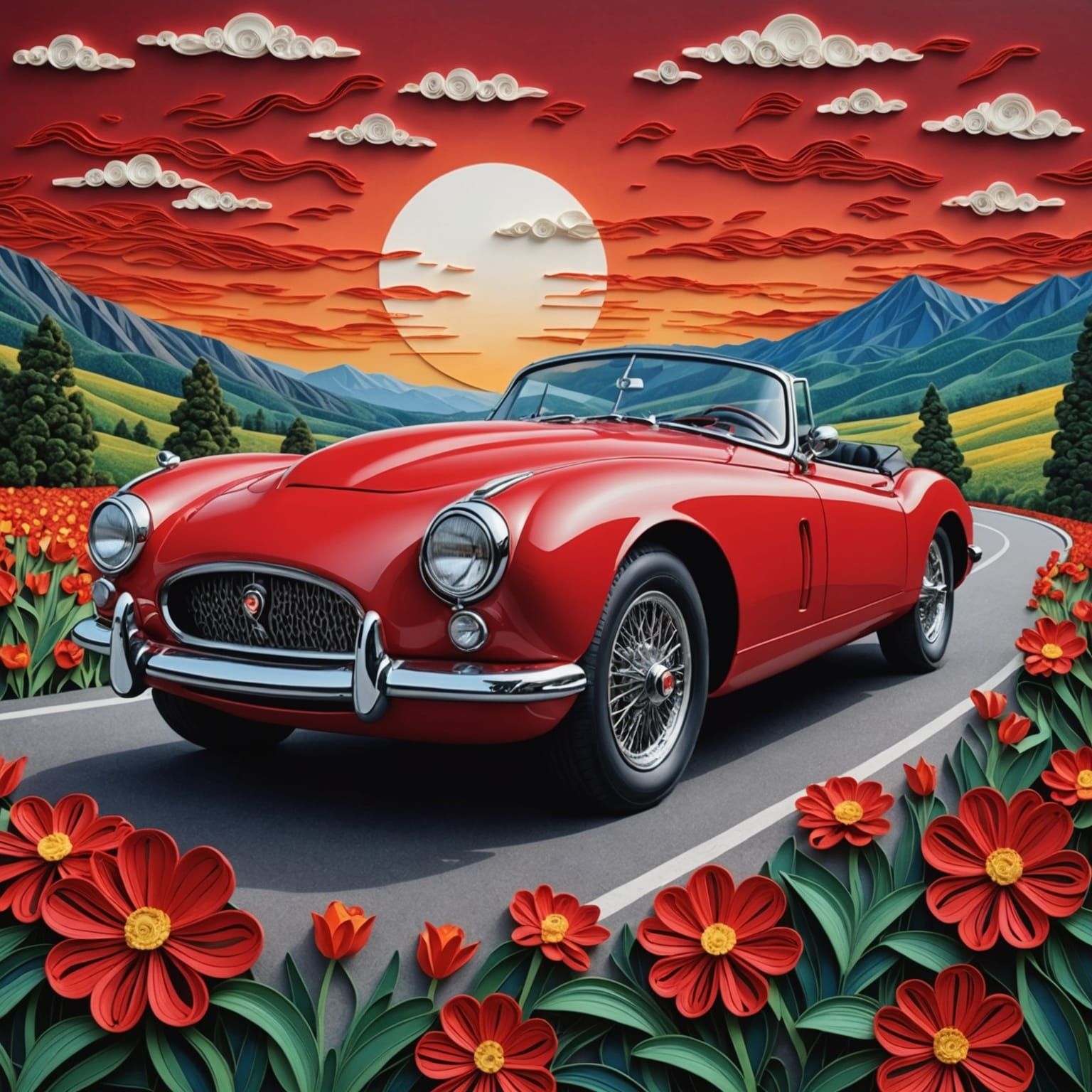 Red Jaguar XK 140 Quilling Collage Art