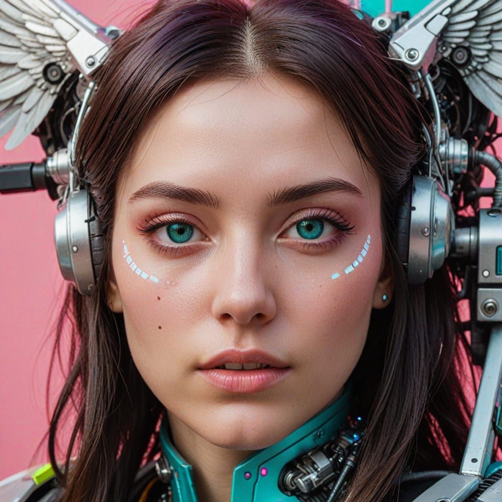 Cyberpunk Woman with Angelic and Mechanical Wings