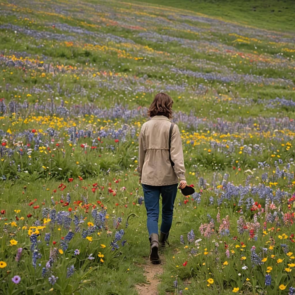 Woman Walks Through Field of Spring Wildflowers