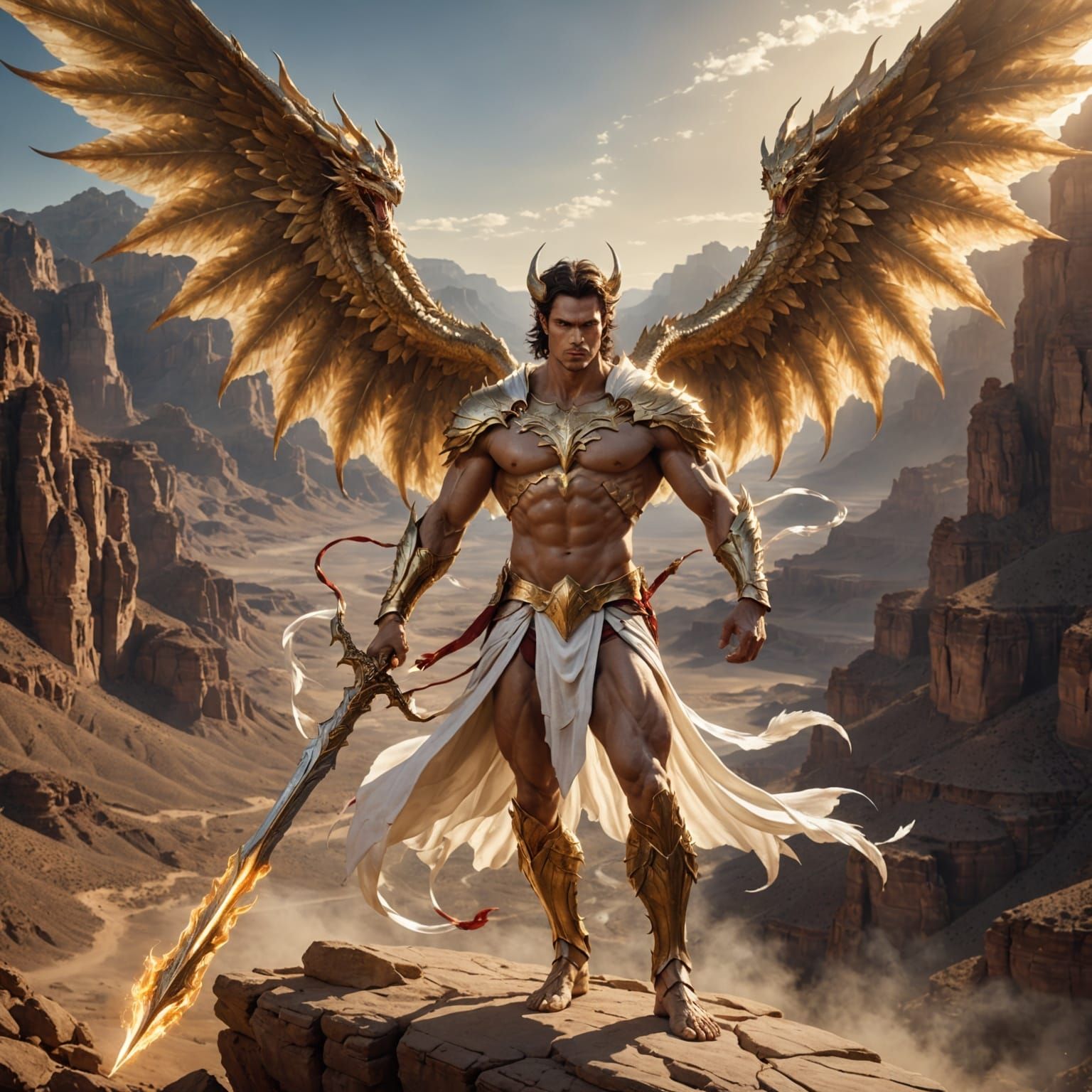 Golden Dragon Angel Soars Over Desert Canyon in Dark Fantasy...