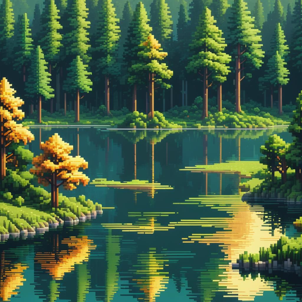 Serene Lake in Pixel Art Style