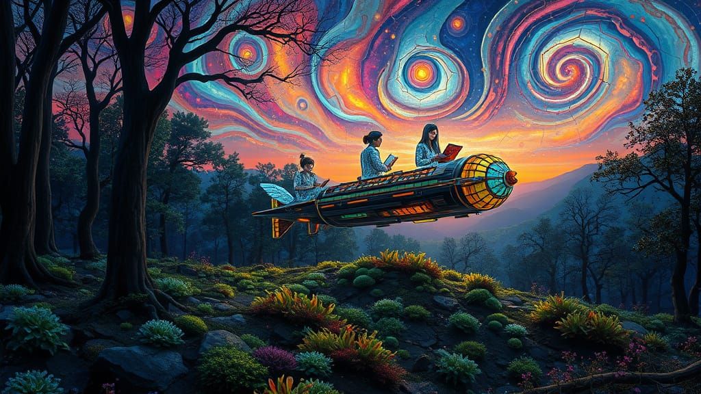 Surreal Stained Glass Forest Under Starry Nebulae Sky