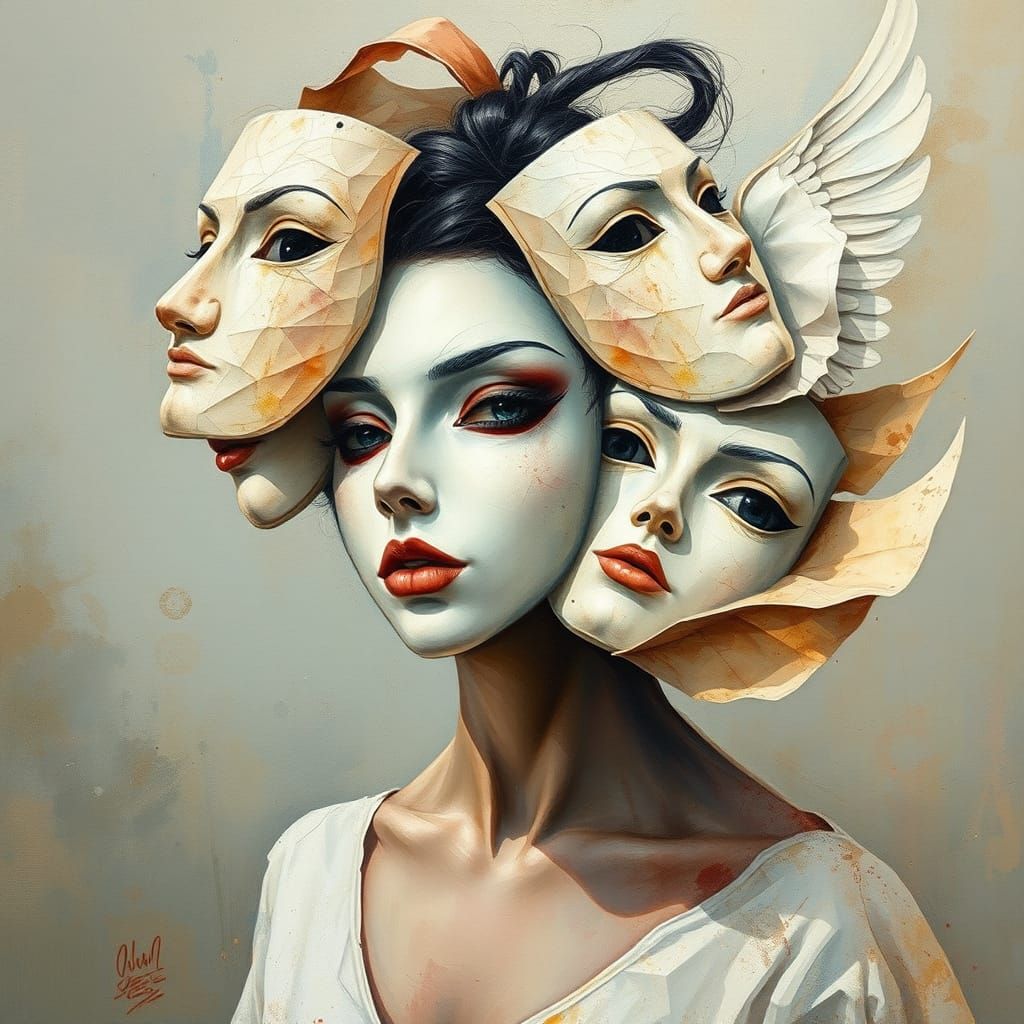 Woman Shedding Masks in Mixed Media Collage