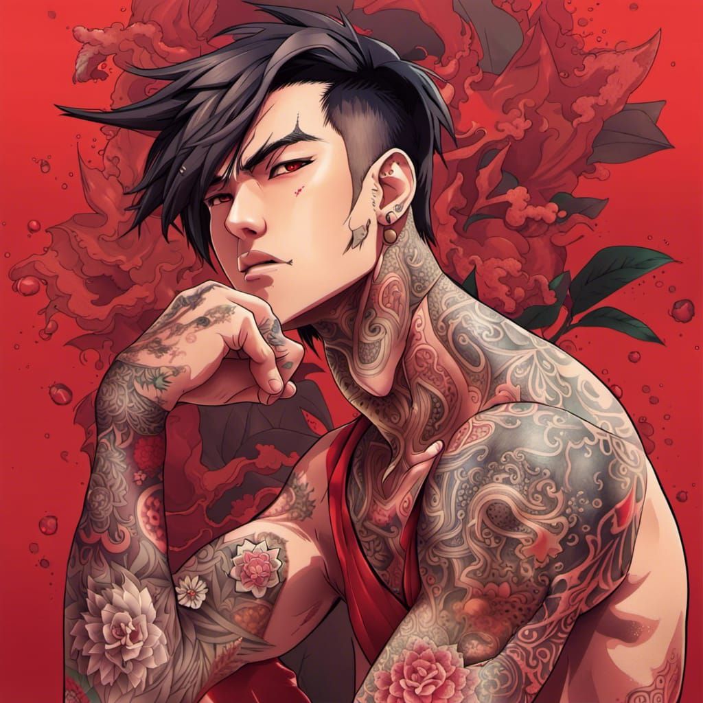 Thai Man with Tattoos in Anime Style