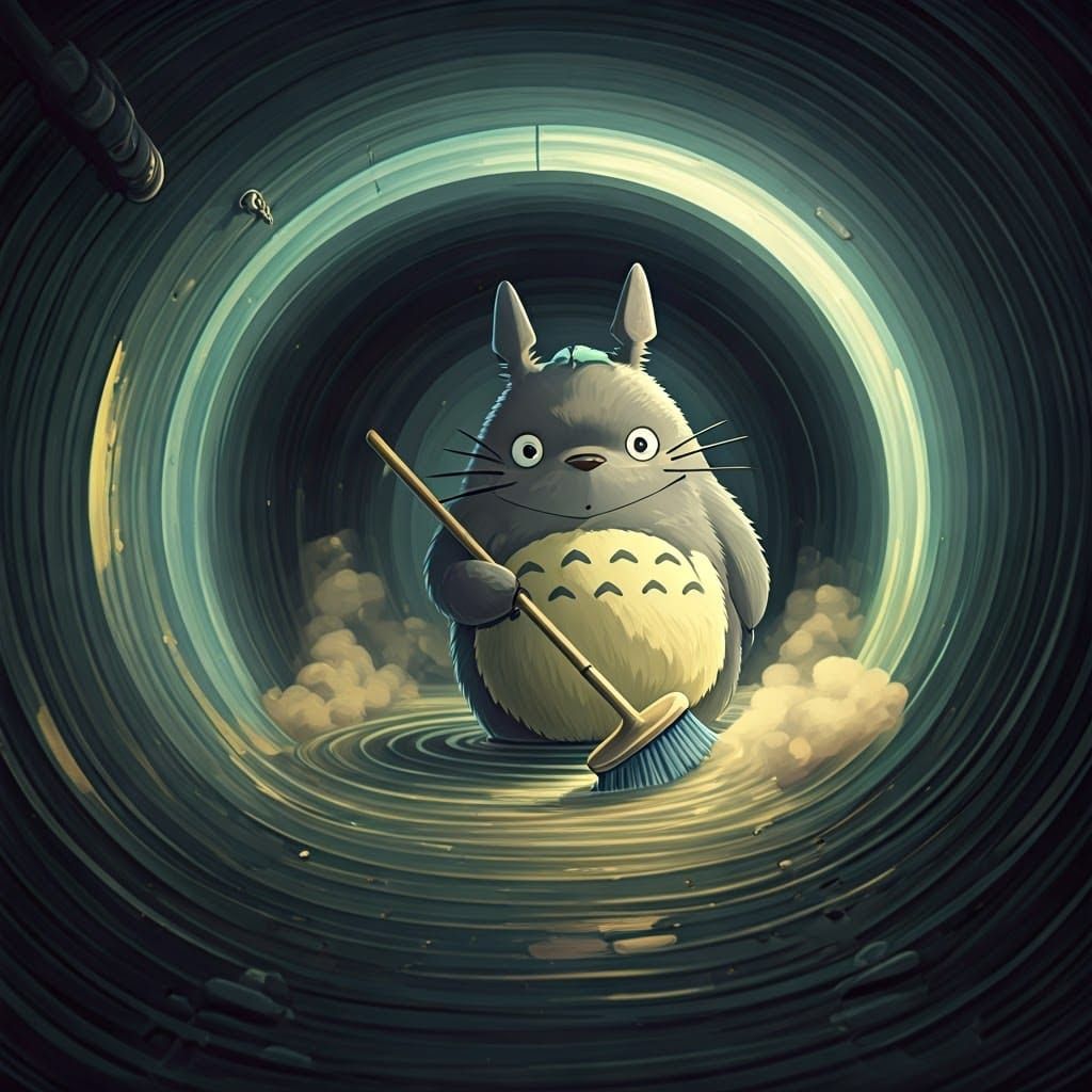 Totoro Cleans a Magical Sewage Tunnel in Whimsical Watercolo...