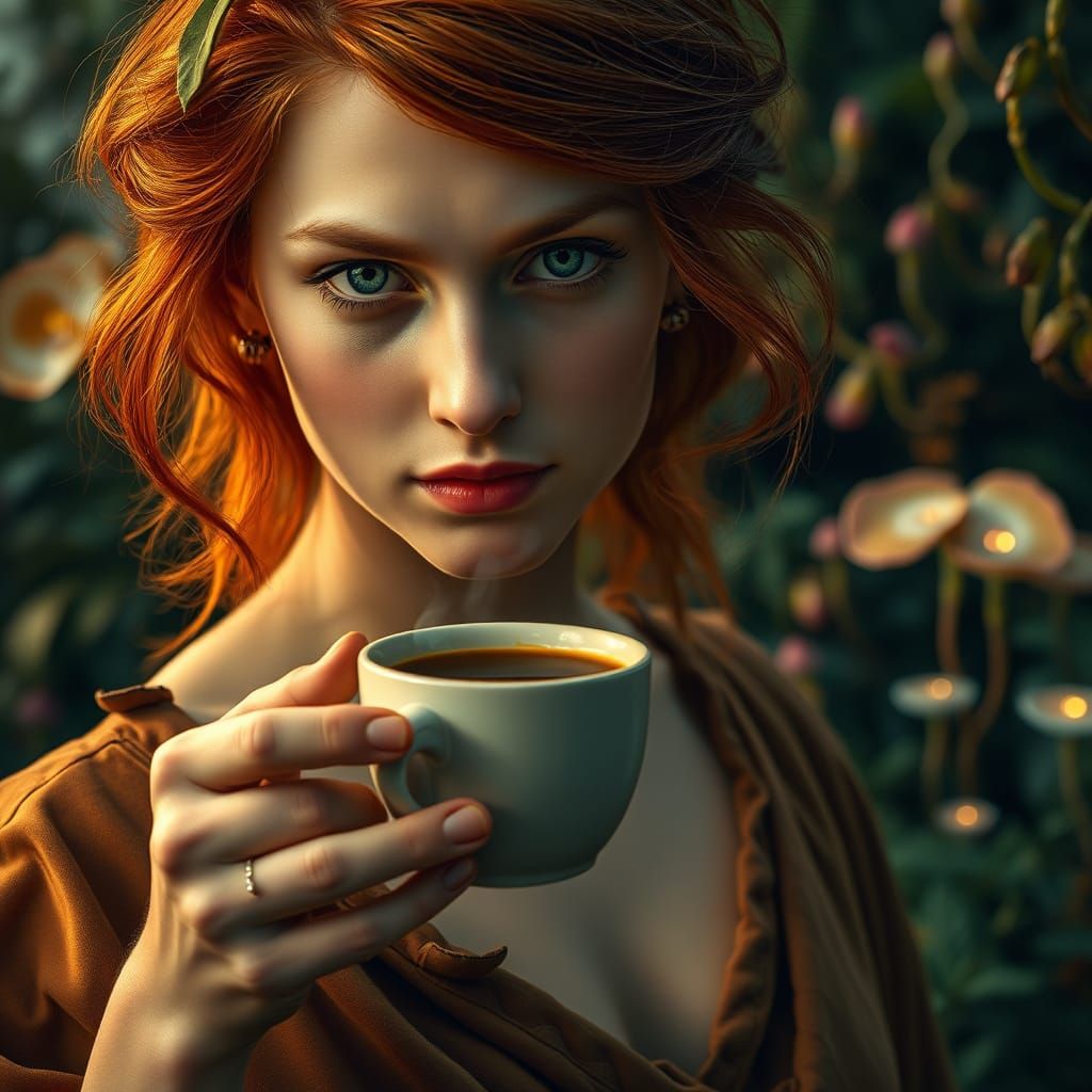 Sensual Redhead Presents Coffee in a Garden of Eden