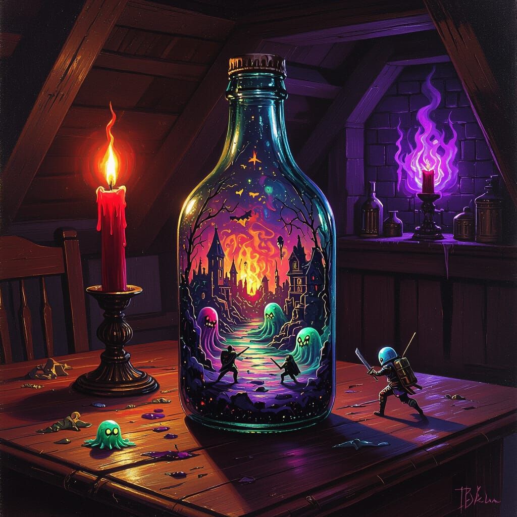 Fantasy Dungeon Inside Antique Bottle, Oil Painting