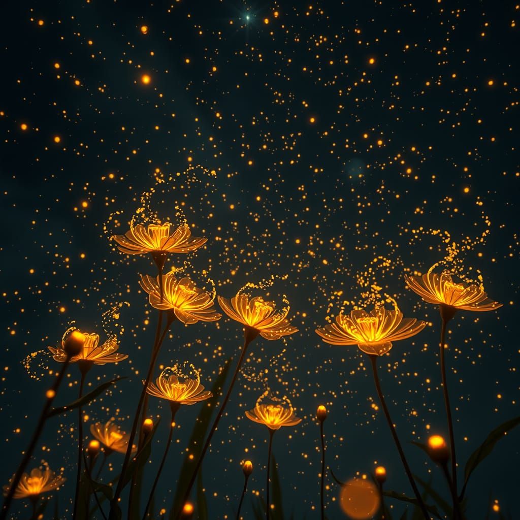 Fireflies Swirl Into Flowers in Night Sky