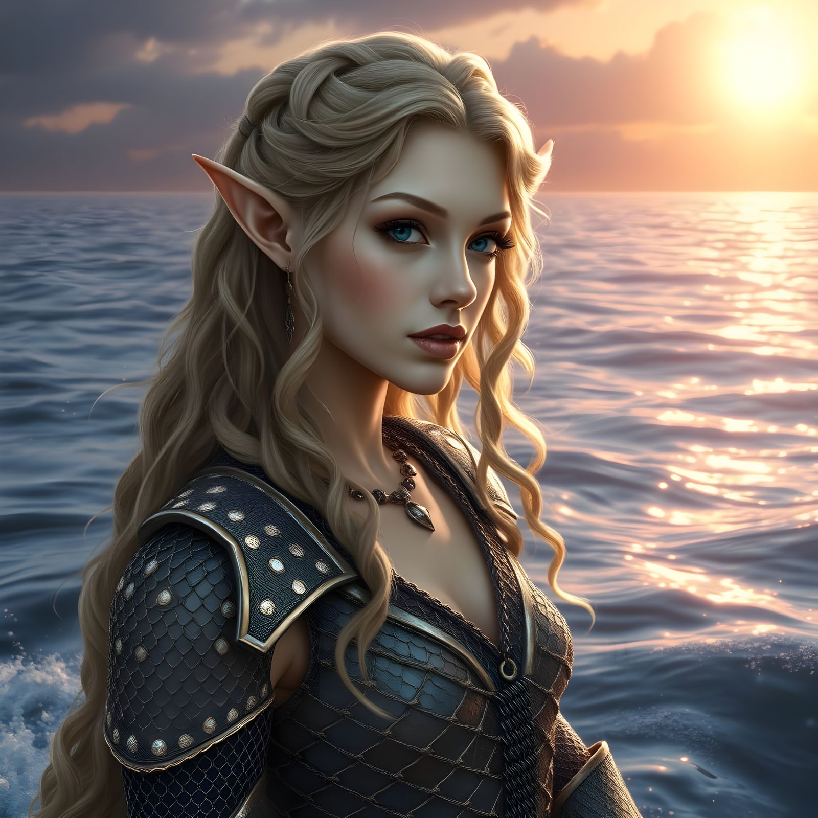 Ethereal Elf Maiden in Shimmering Ocean Chainmail
