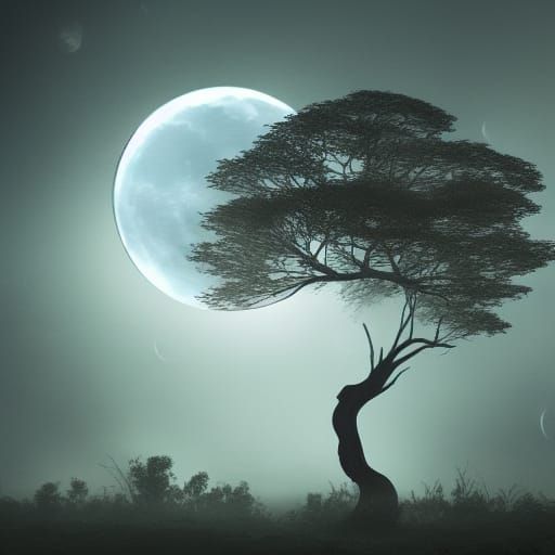 Mechanical Moth on Branch with Moon in Digital Painting