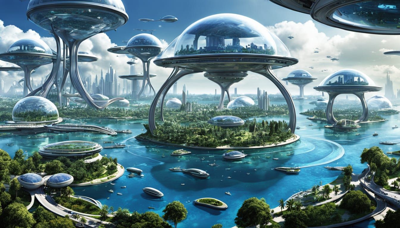 Futuristic Alien Cities Floating on Water Planet