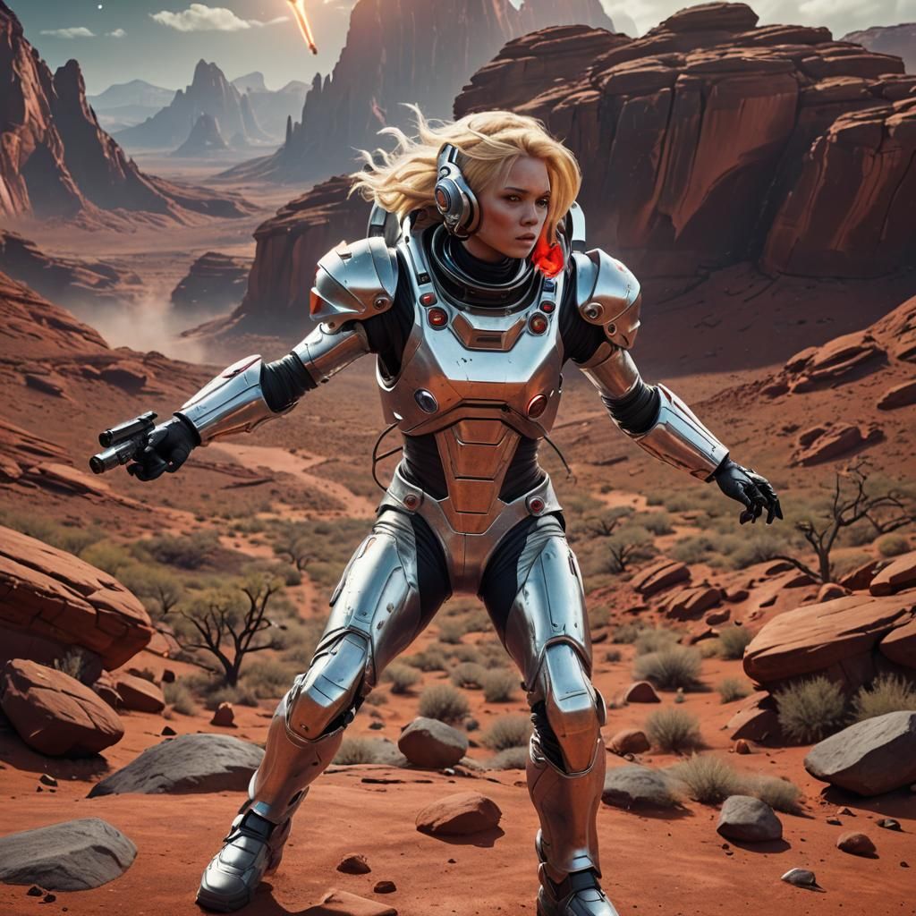 Woman in Spacesuit on Alien Planet, Detailed Matte Painting