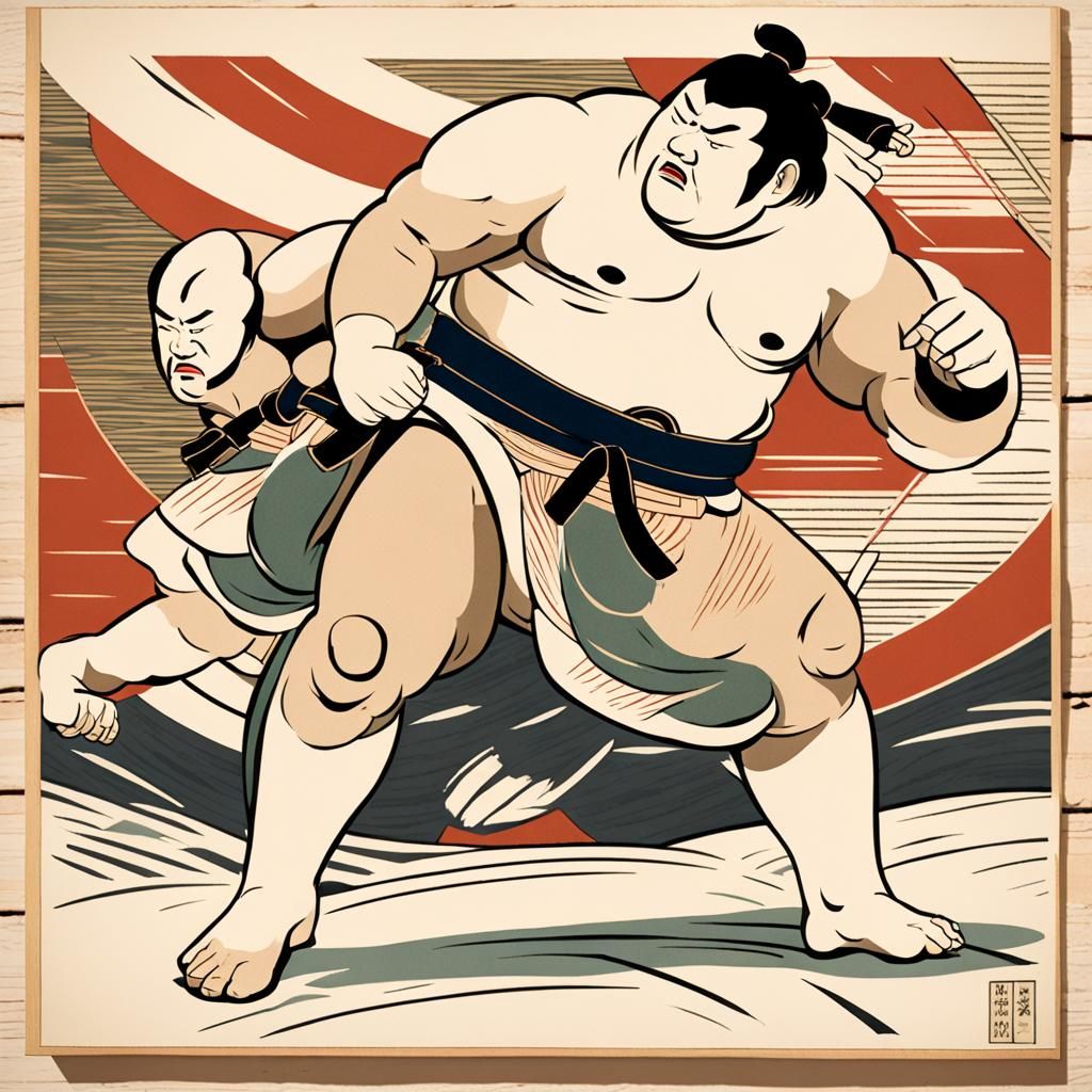 Sumo Wrestlers in Ukiyo-e Woodblock Print Style