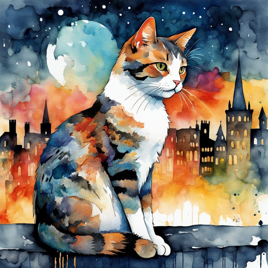Cat in Moonlight: Watercolor and Ink Splash Art