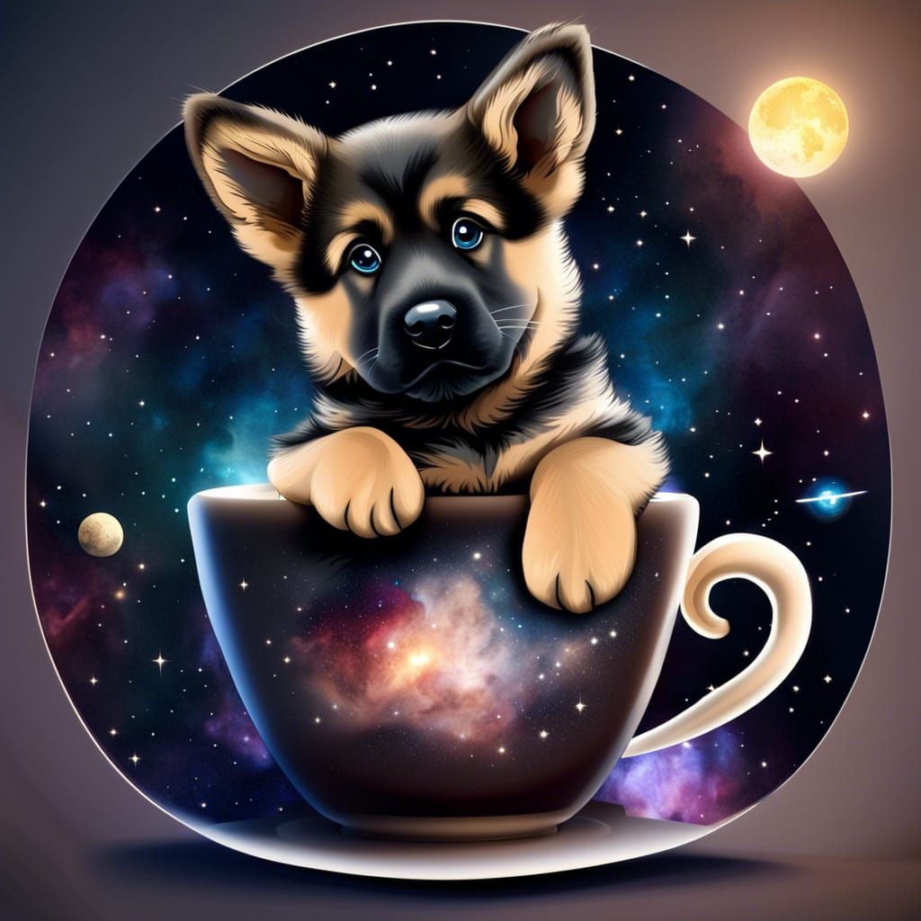 German Shepherd Puppy in Space Teacup