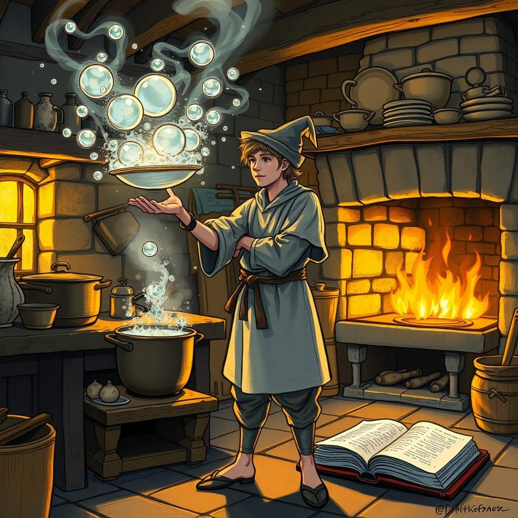 Apprentice Sorcerer Cleans Kitchen with Magic