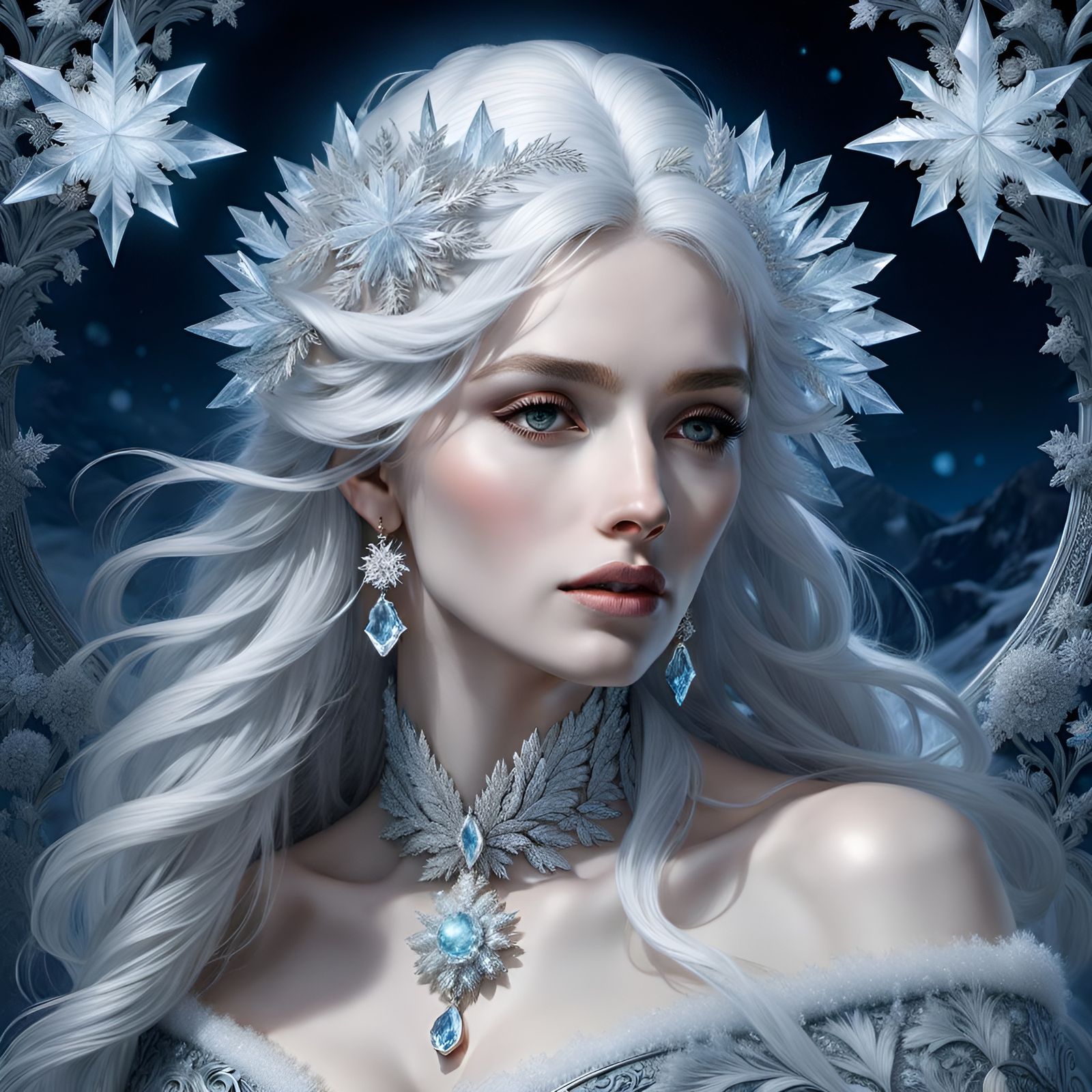 Crystallized Ice Queen Portrait in Volumetric Lighting