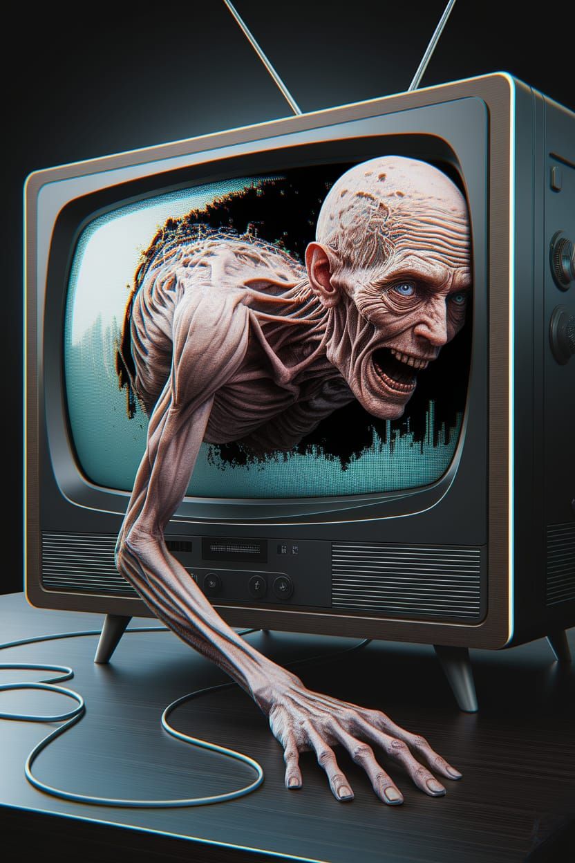 Man Crawling into TV: Surreal Digital Art