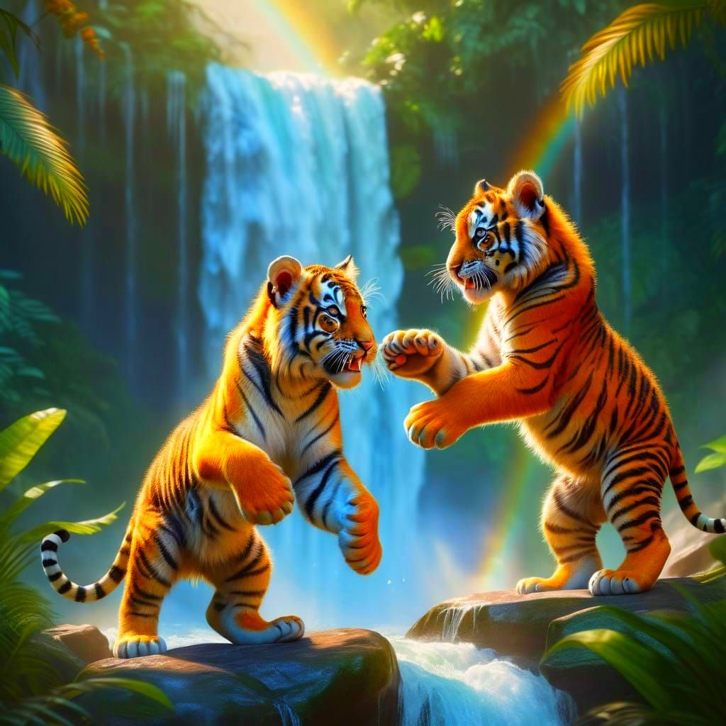 Whimsical Jungle Cubs Play Near a Towering Waterfall