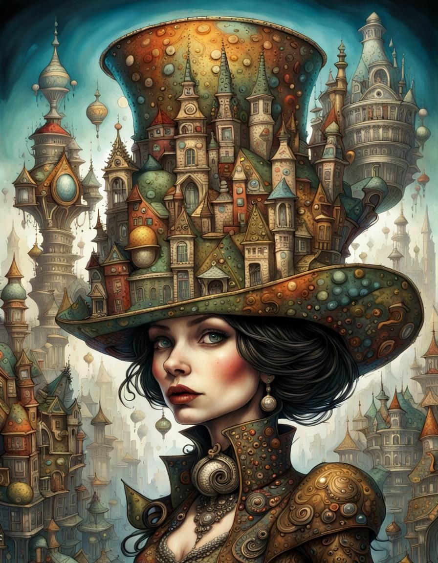 Woman's Cityscape Top Hat, Whimsical Art