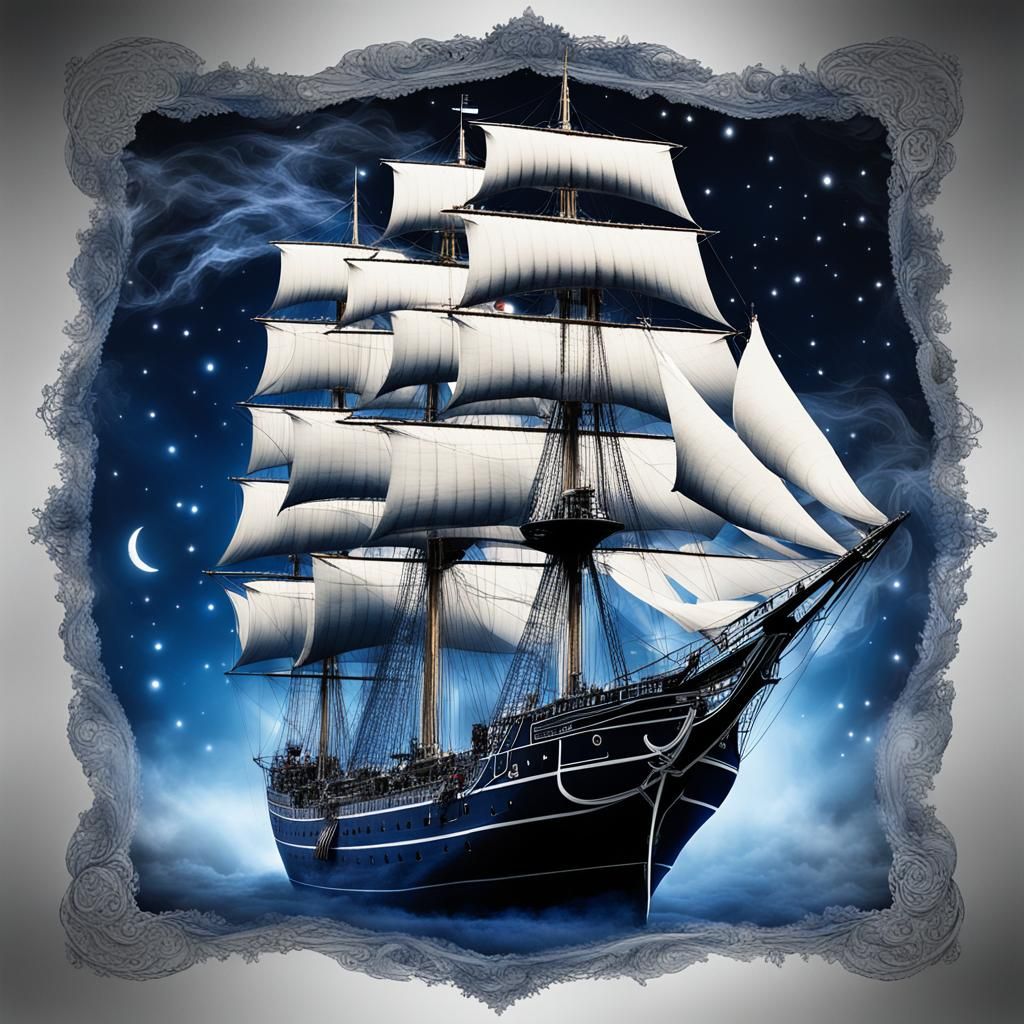 Ethereal Ghost Ship Sails Through Starry Sky