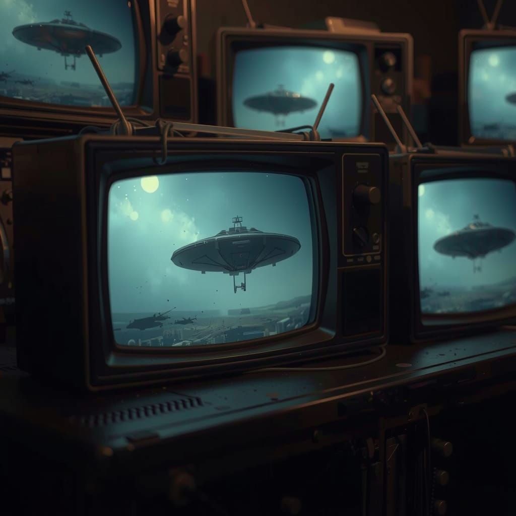 Retro TVs Display Alien Spaceship Landing, Dark Hyperrealism