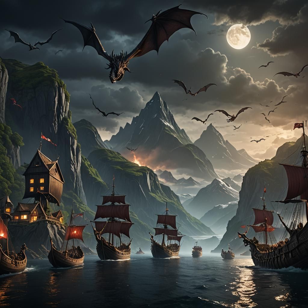 Viking Ships and Dragons Over Norwegian Fjords