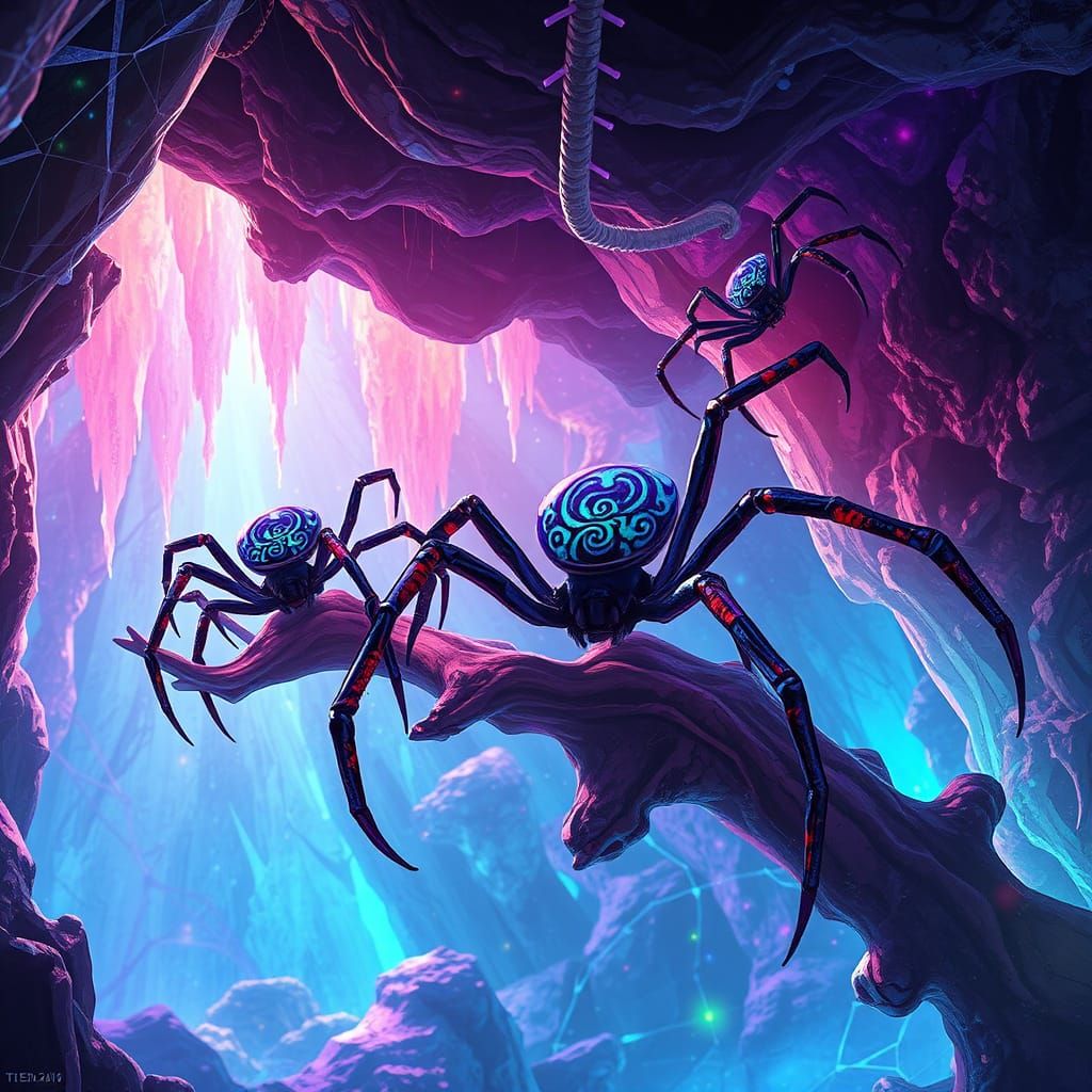 Iridescent Spiders in Bioluminescent Cave, Sci-Fi Concept Ar...