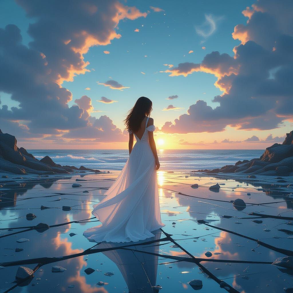 Girl in Shattered Reality: Surreal Cinematic Artwork