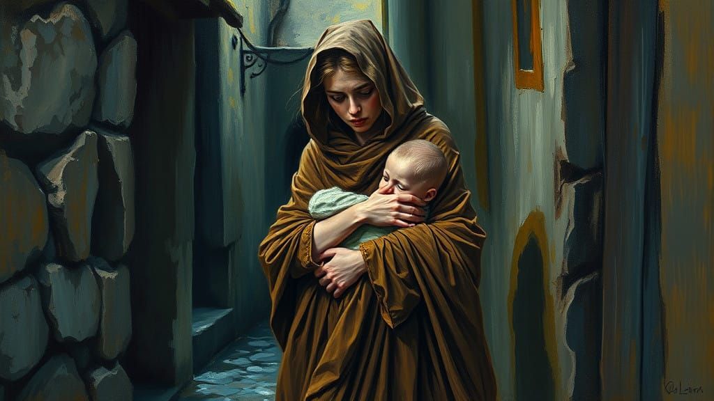 Mother's Vigilant Refuge in a Haunted Alleyway