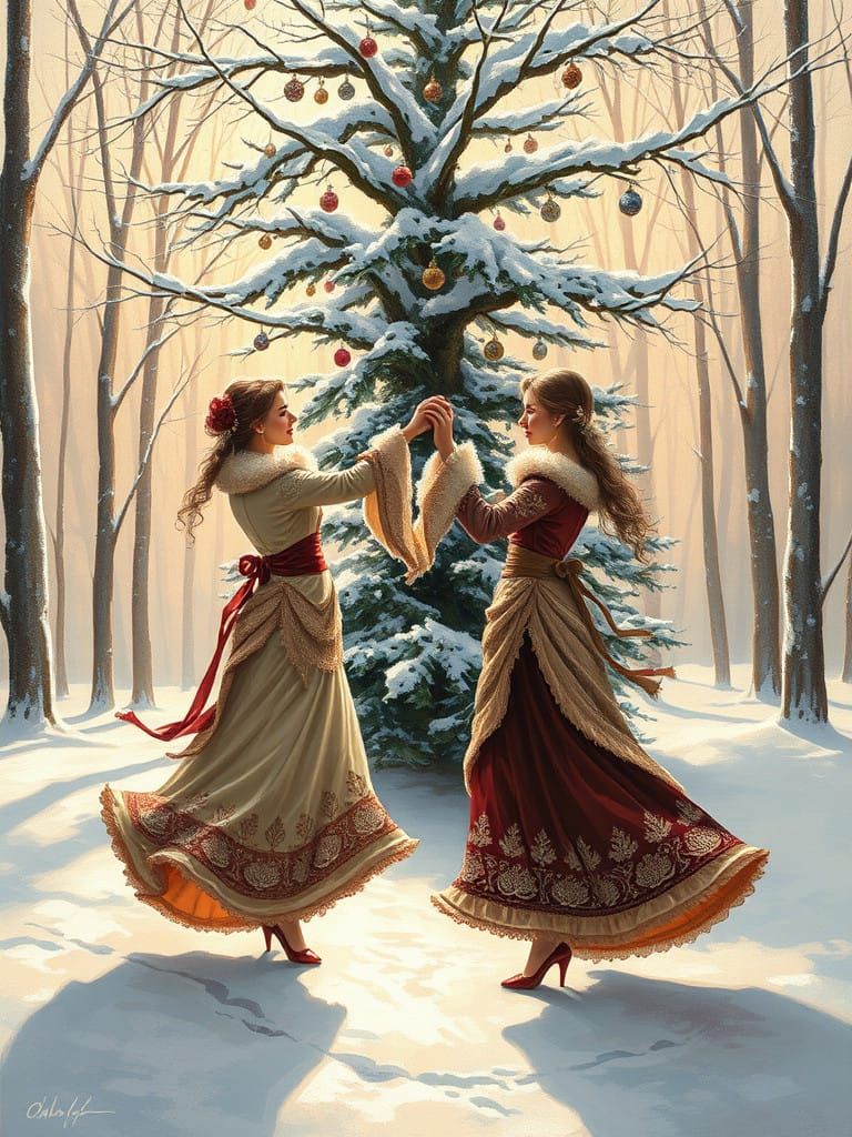 Women Dance Under Winter Christmas Tree in Impressionist Sty...