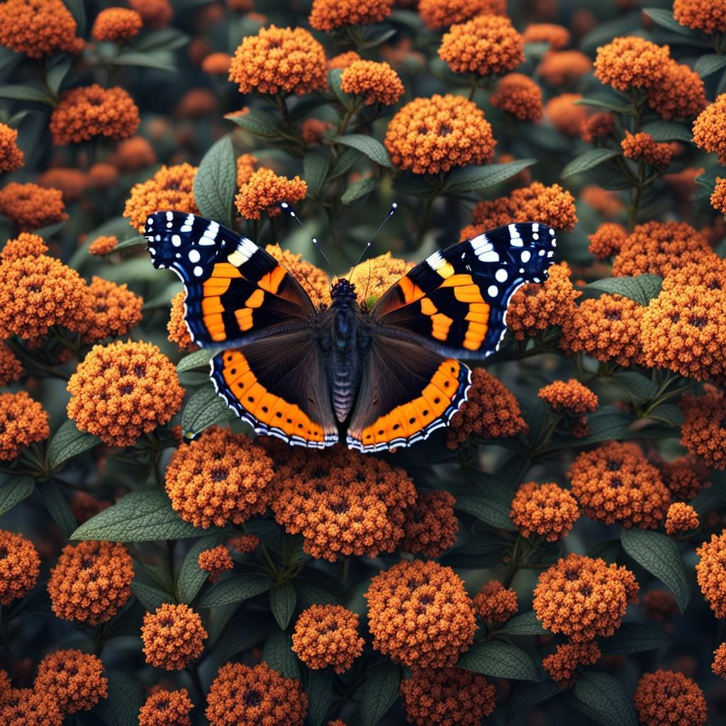 Red Admiral Butterflies Pollinating Shrub: Digital Matte Pai...
