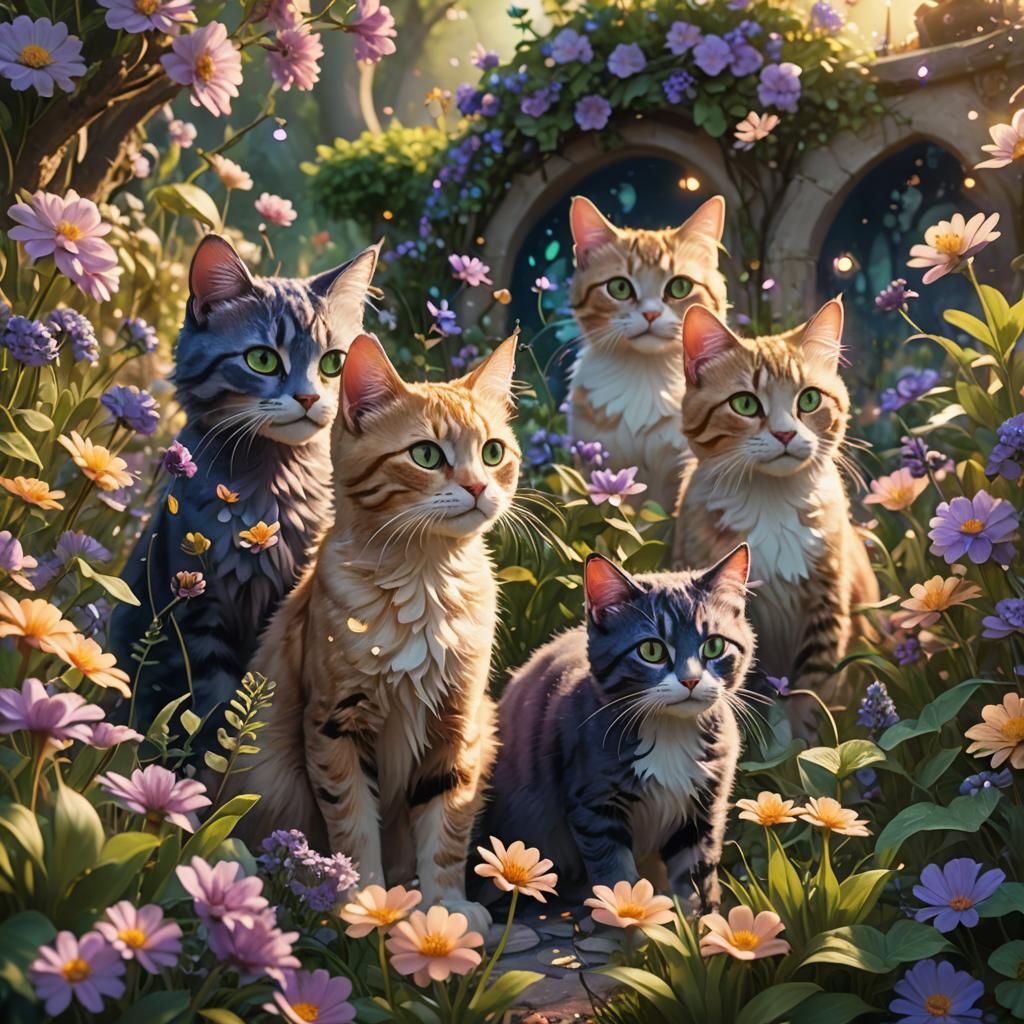 Cats in a Glowing Garden: Fantasy Concept Art