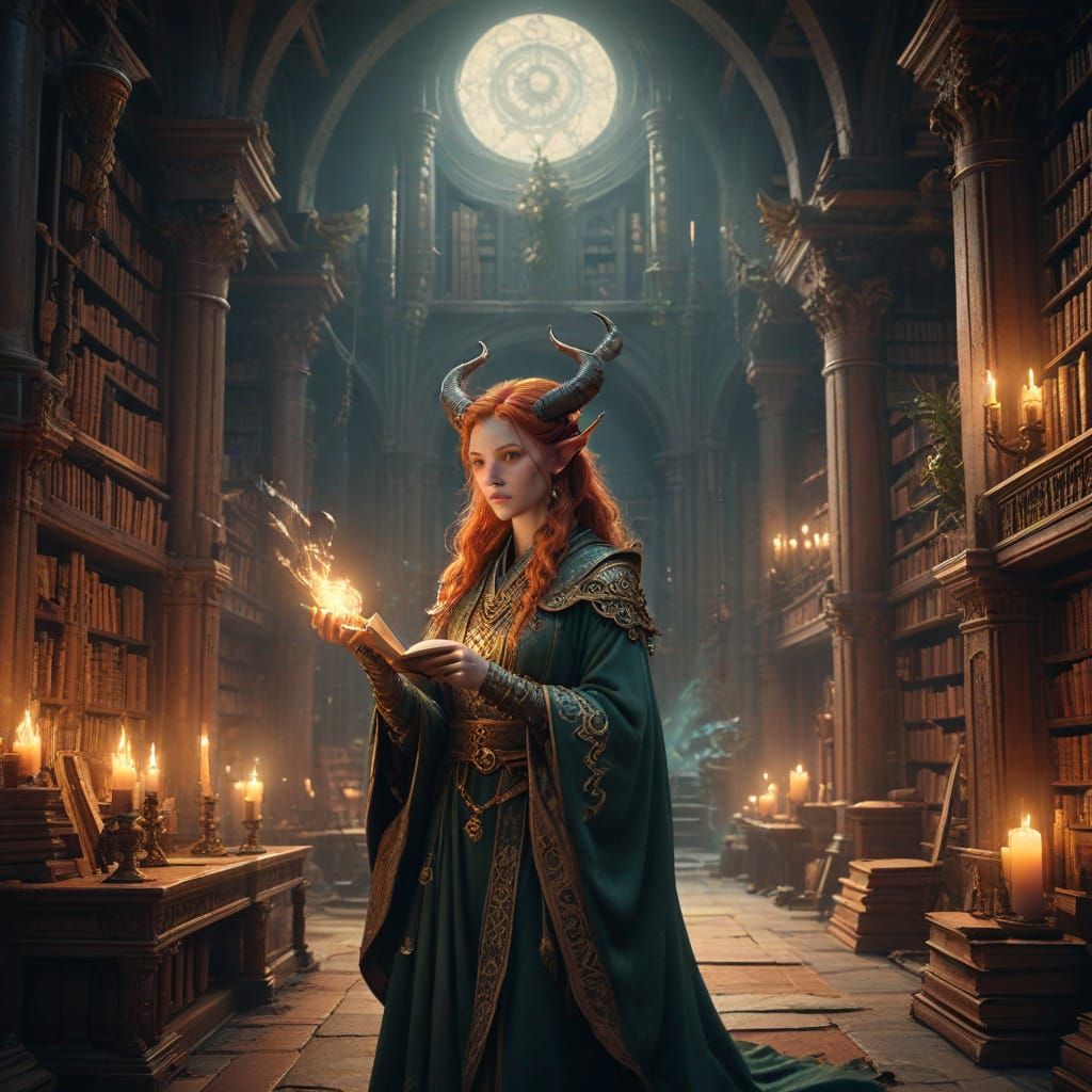 Majestic Tiefling Sorceress in Candlelit Library